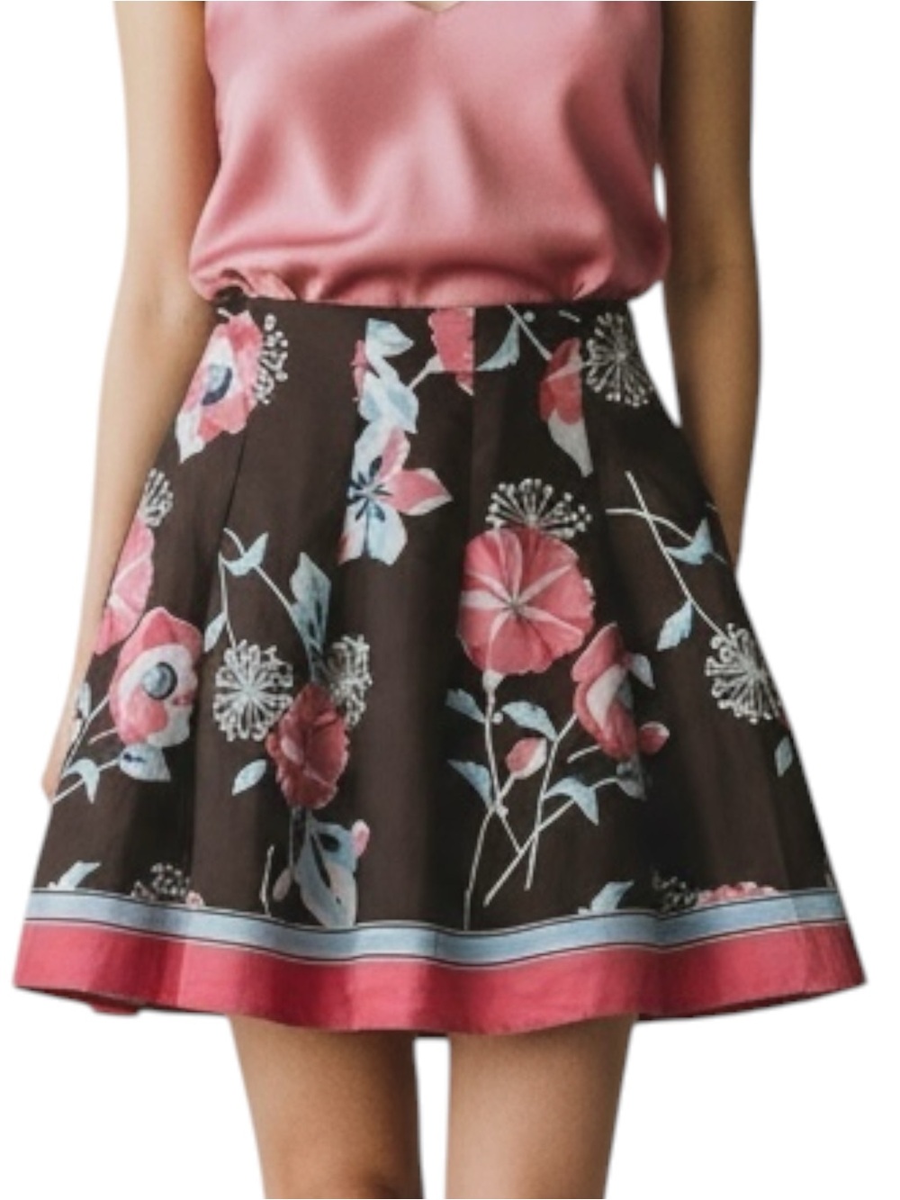 Loft Brown Coral Bold Floral 100% Silk Full Skirt NWOT Size 6 CottageCore